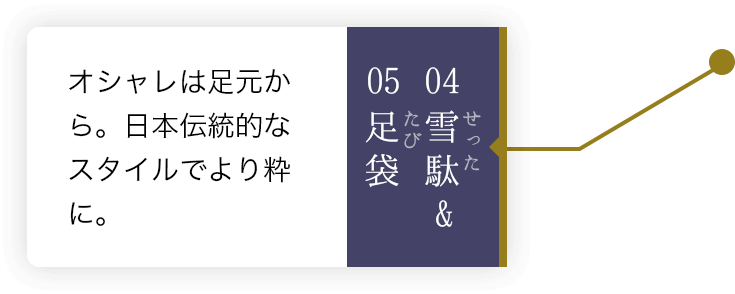 04雪駄&05足袋 オシャレは足元から。日本伝統的なスタイルでより粋に。